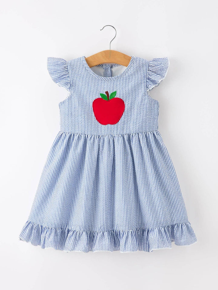 Summer Apple Applique Girls Dress Blue Stripe Ruffle