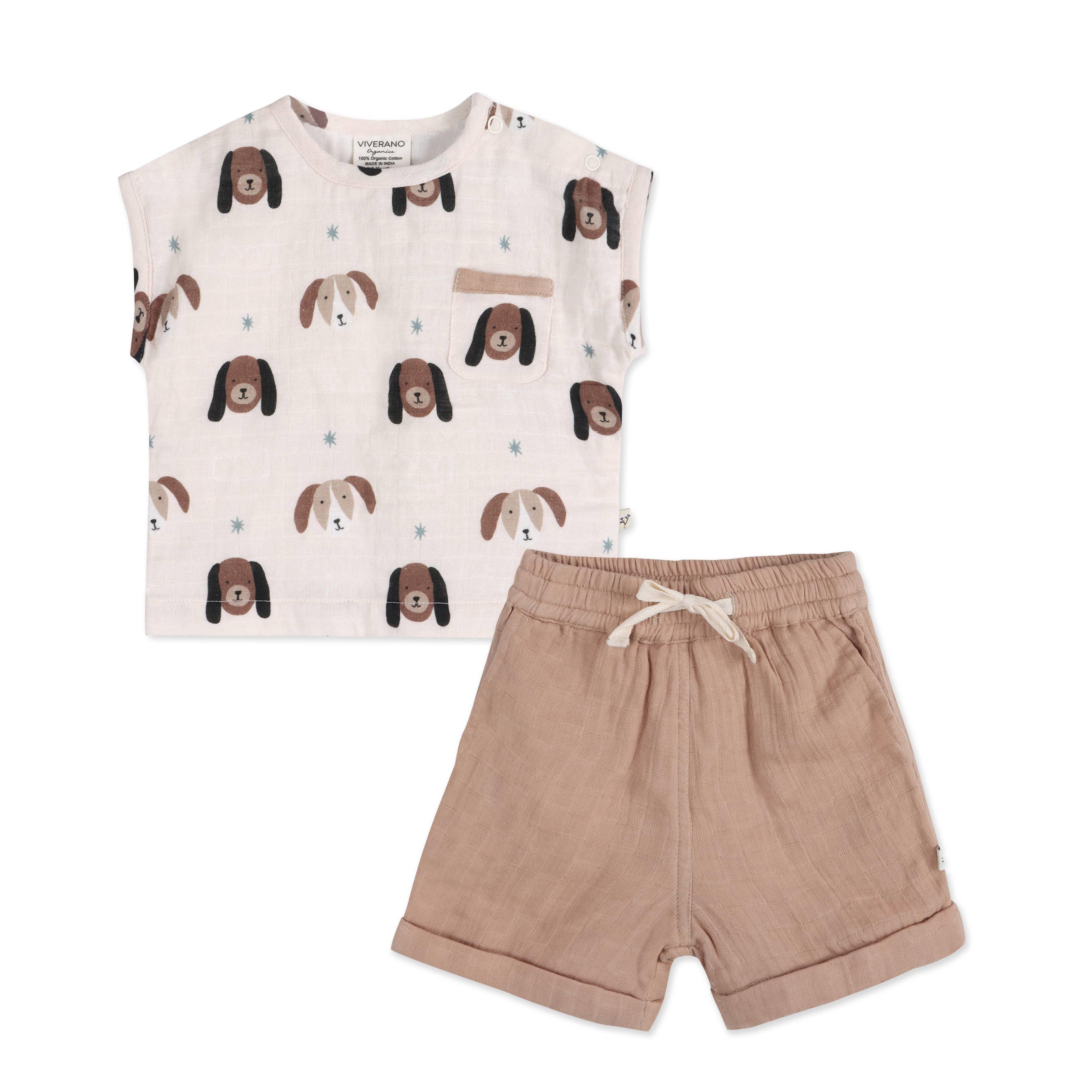 Baby organic cotton outfit with dog print top and matching shorts