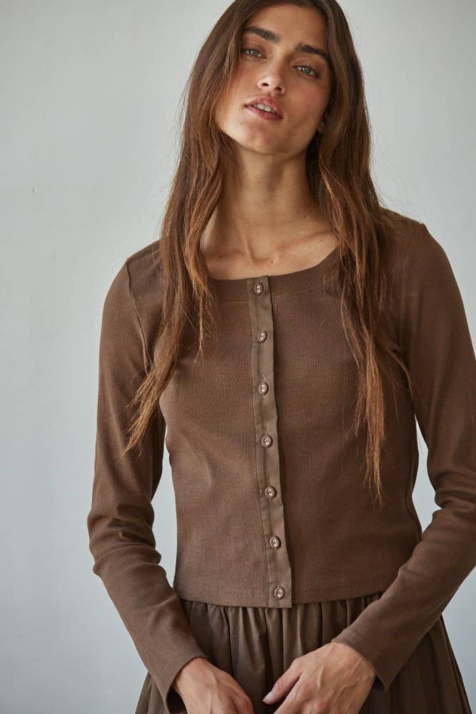 L8829T | Knit Cotton Spandex Ribbed 3/4 Sleeve Cardigan