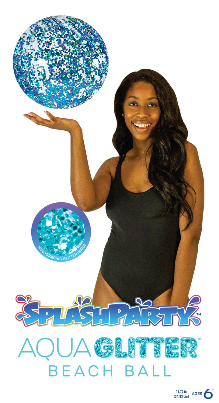 Woman holding blue glitter beach ball for pool or beach fun, Splash Party Aqua Glitter Beach Ball