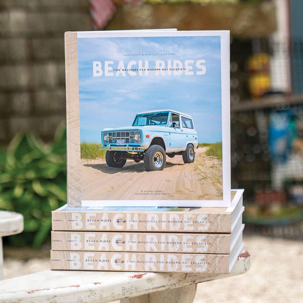 Beach Rides book stack featuring vintage truck on sandy coast, perfect for modern escapist adventures