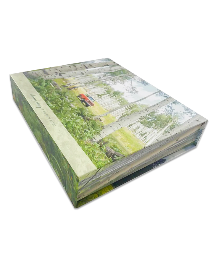 500-piece puzzle box featuring red truck in birch forest, outdoor adventure art for PNW lifestyle