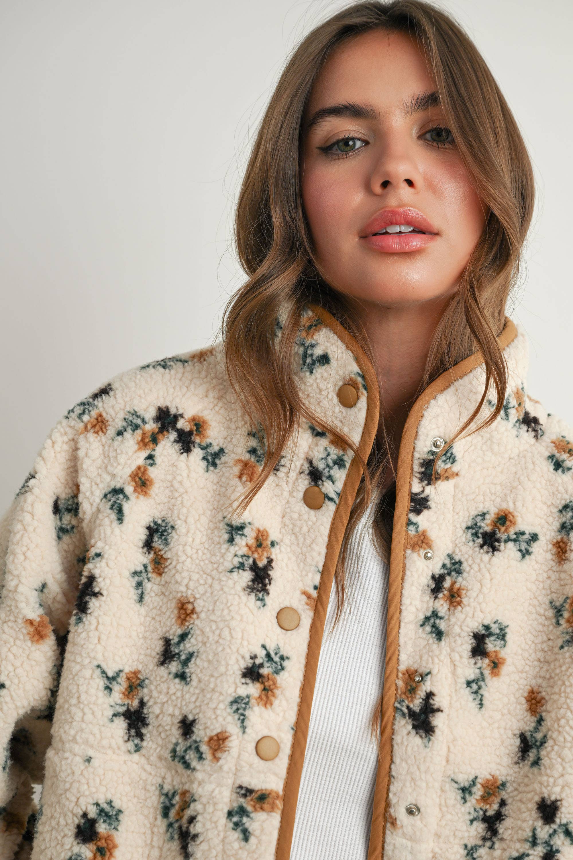 Floral Print Fluffy Fleece Jacket - BMJ7811