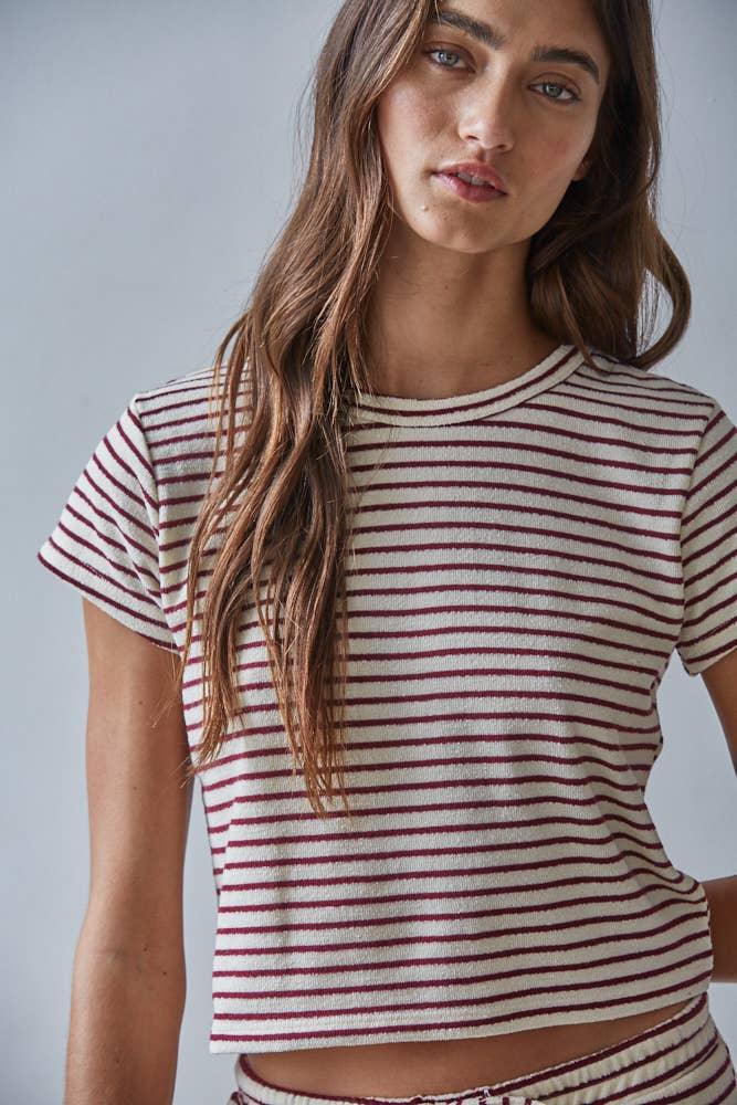 L8945T | Knit Polyester Cotton Striped Short Sleeve Top