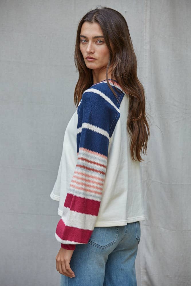 W2591 | Knit Multi Color Striped Long Sleeve Pullover Top