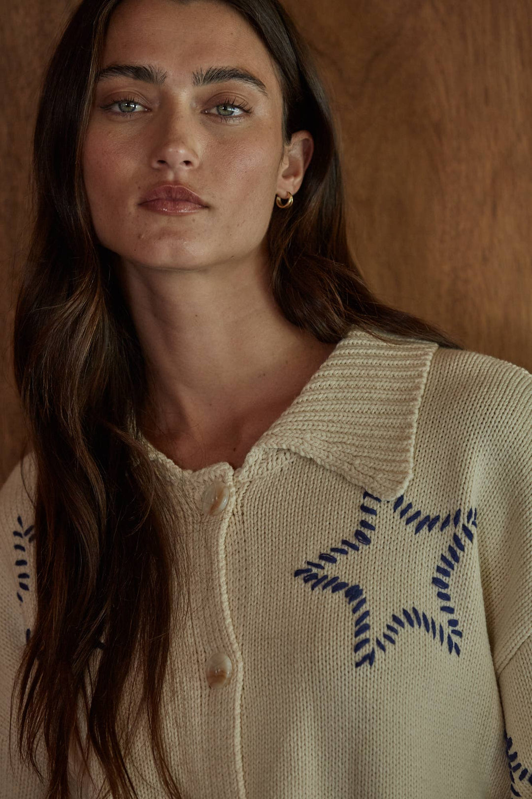 W2608 | Knit Sweater Cardigan With Star Stitch Detail