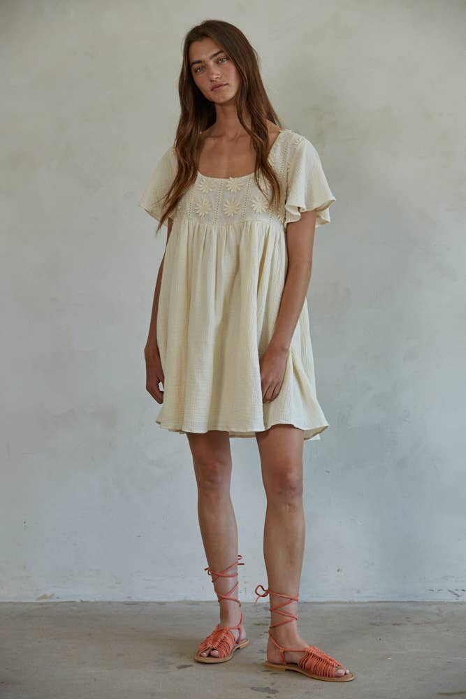 By Together L7484 |  Floral Embroidered Short Sleeve Babydoll Dress
