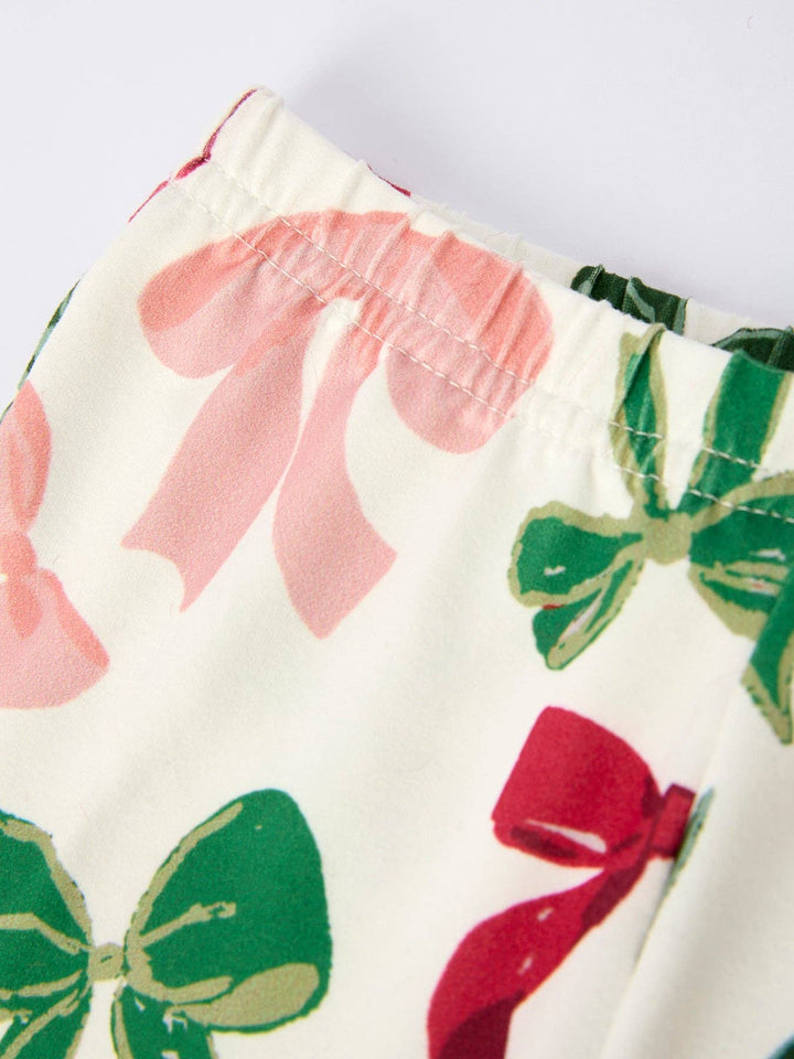 Holiday Bow Print Christmas Pajama Set – Girls Cozy Red Trim Sleepwear