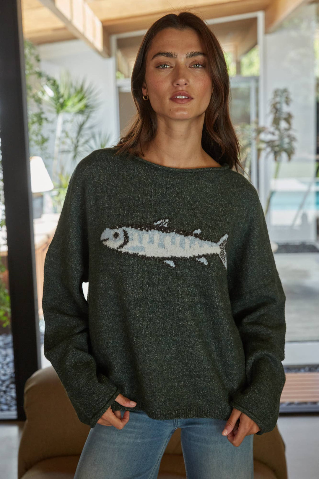 W2817 | Knit Sweater Graphic Fish Animal Print Pullover