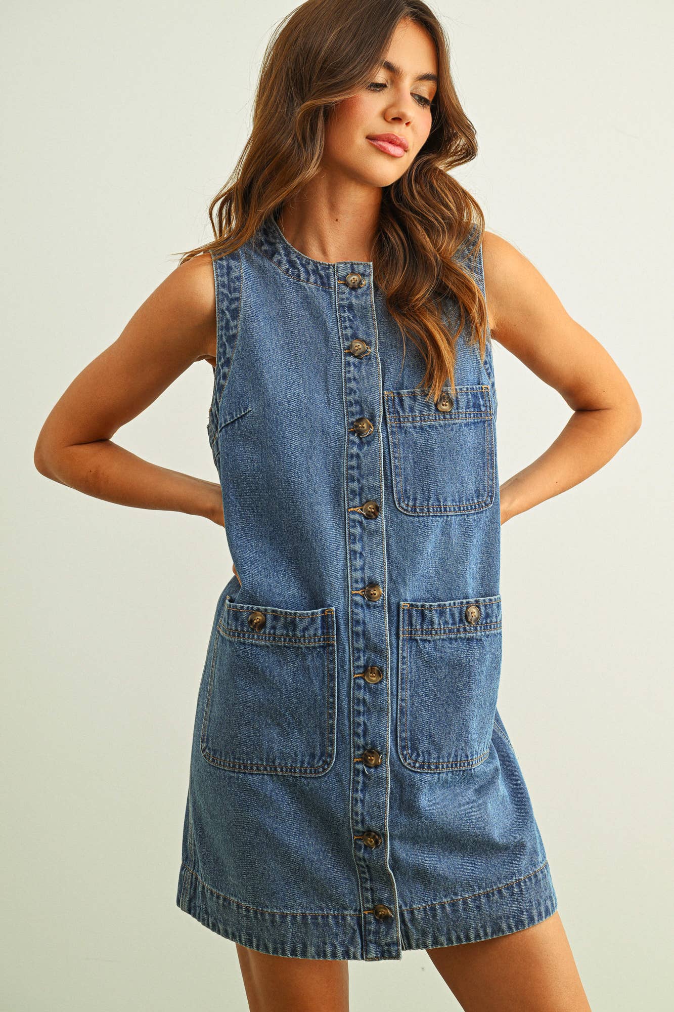 D6086   SLEEVELESS BUTTON FRONT TRUE DENIM DRESS