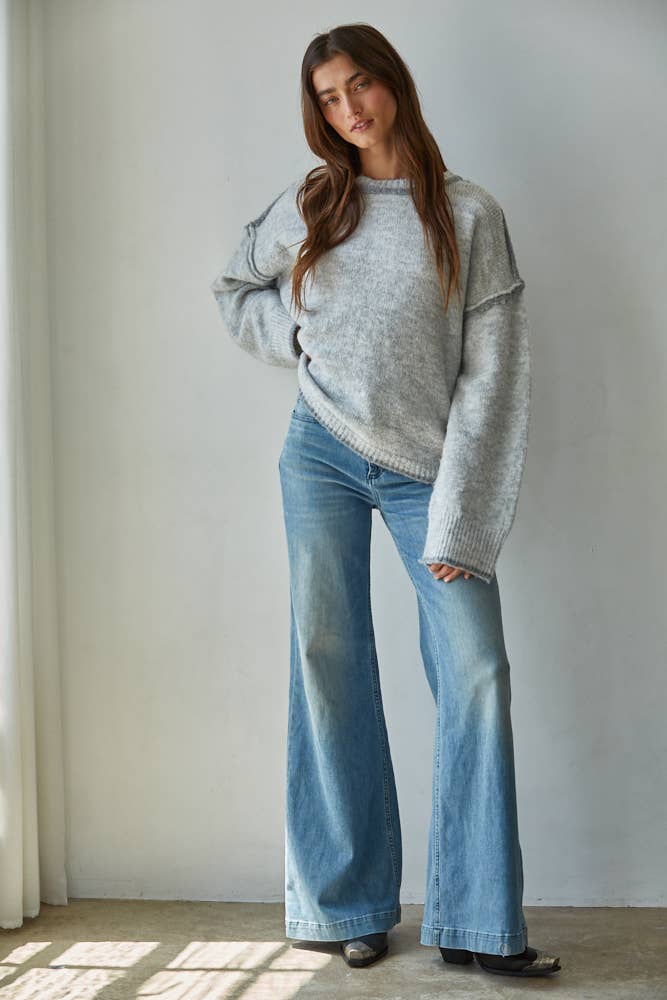 By Together W2141 | Knit Sweater Crew Neck Pullover Top With Rolled Edge