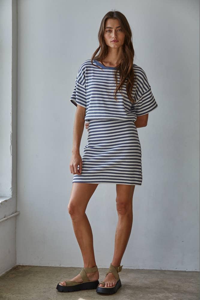 L9706 | Knit Cotton Spandex Striped Ribbed Short Sleeve Mini