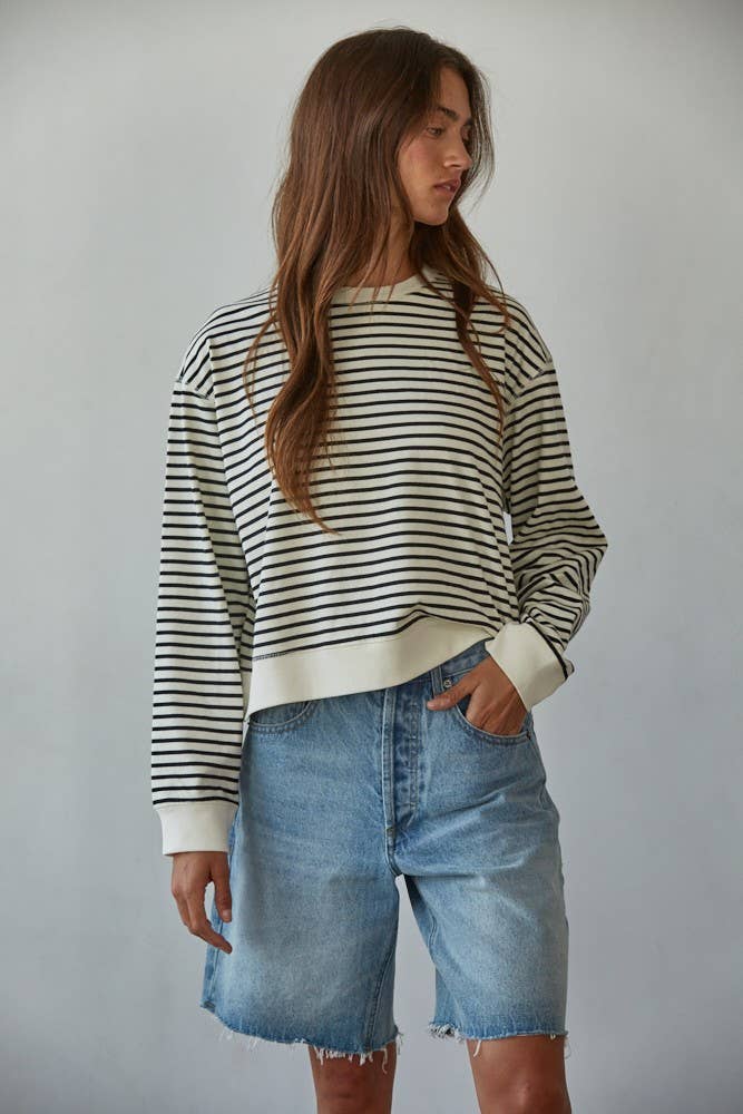 L8744 | Knit Cotton Striped Crew Neck Long Sleeve Top