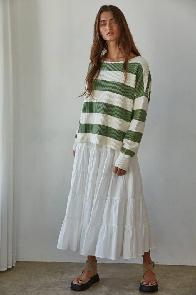 W2295 | Knit Sweater Striped Cotton Boat Neck Long Sleeve