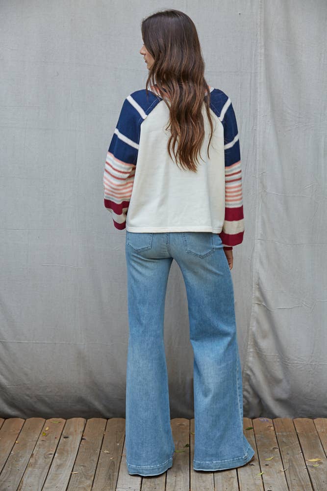 W2591 | Knit Multi Color Striped Long Sleeve Pullover Top