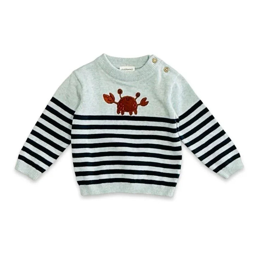 Baby sweater with crab embroidery and navy stripes, soft knit design for toddlers