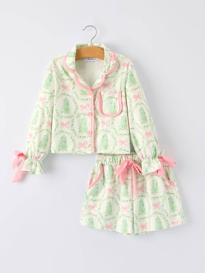 Christmas Tree &amp; Bow Print Girls Pajama Set