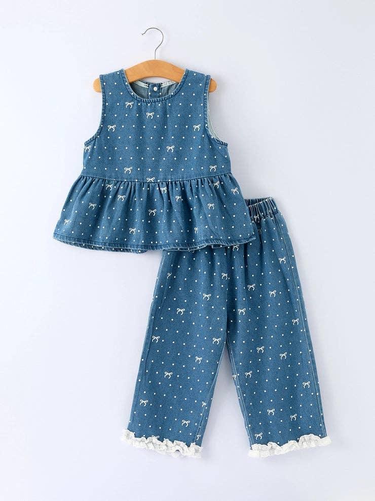Denim kids outfit with bow print, peplum top, and ruffled pants