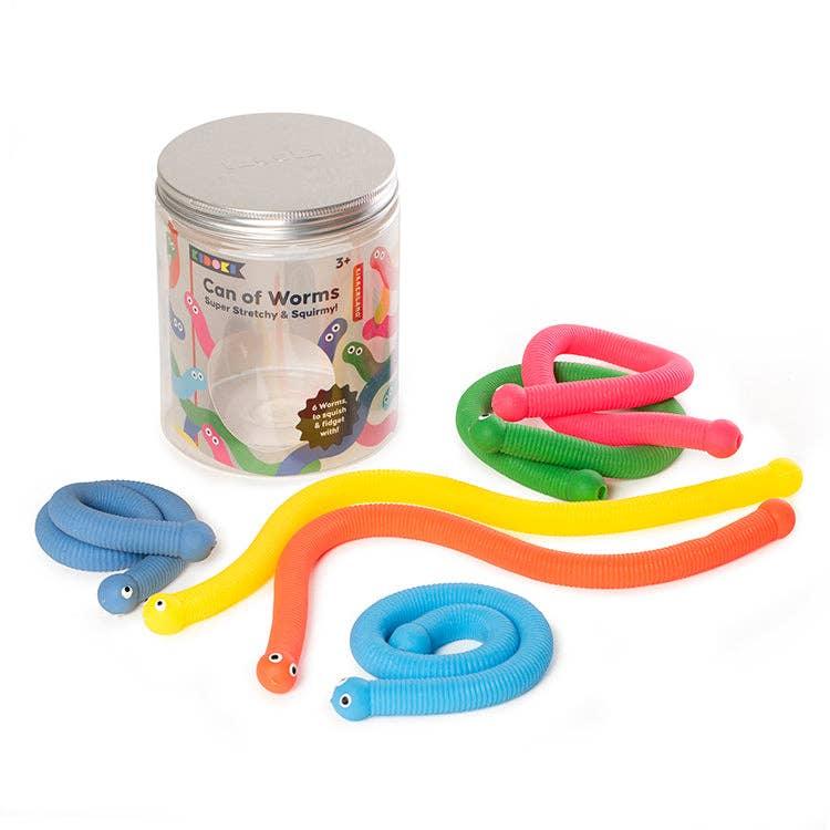 Colorful stretchy worm toys in can, perfect for fidgeting and sensory play, ideal for kids 3+