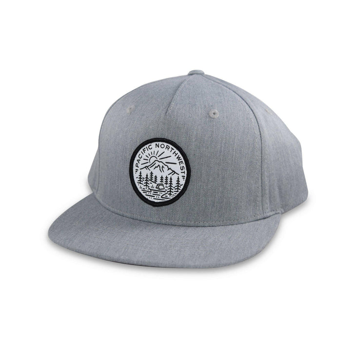 Gray Pacific Northwest snapback hat with mountain and forest patch, ideal for PNW outdoor adventures.