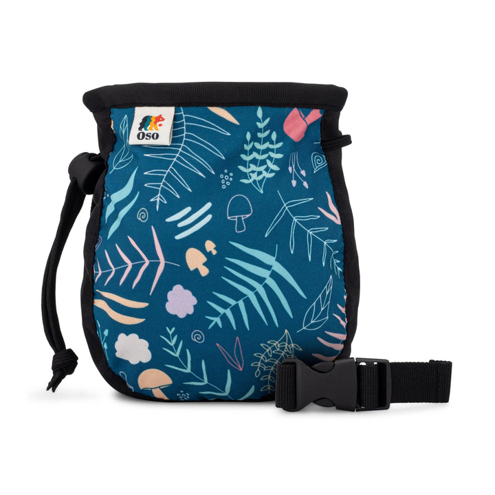 Blue floral-patterned climbing chalk bag with black strap and Oso logo