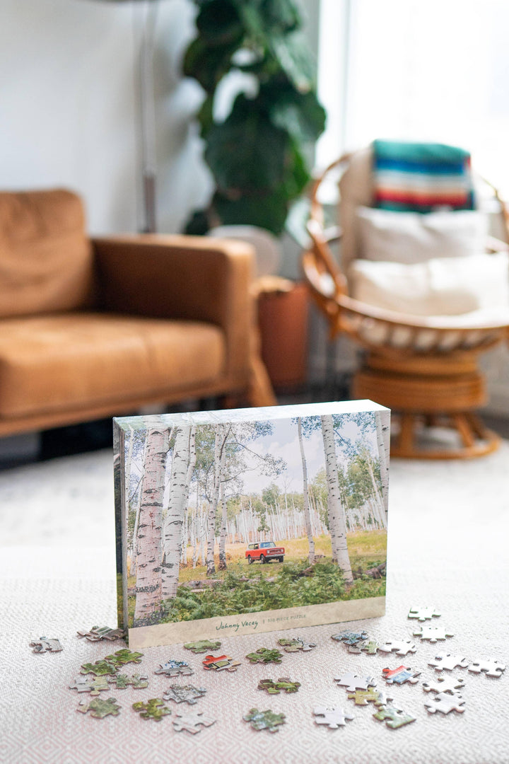 Johnny Vacay 500-piece puzzle featuring red truck in birch forest, cozy living room setting