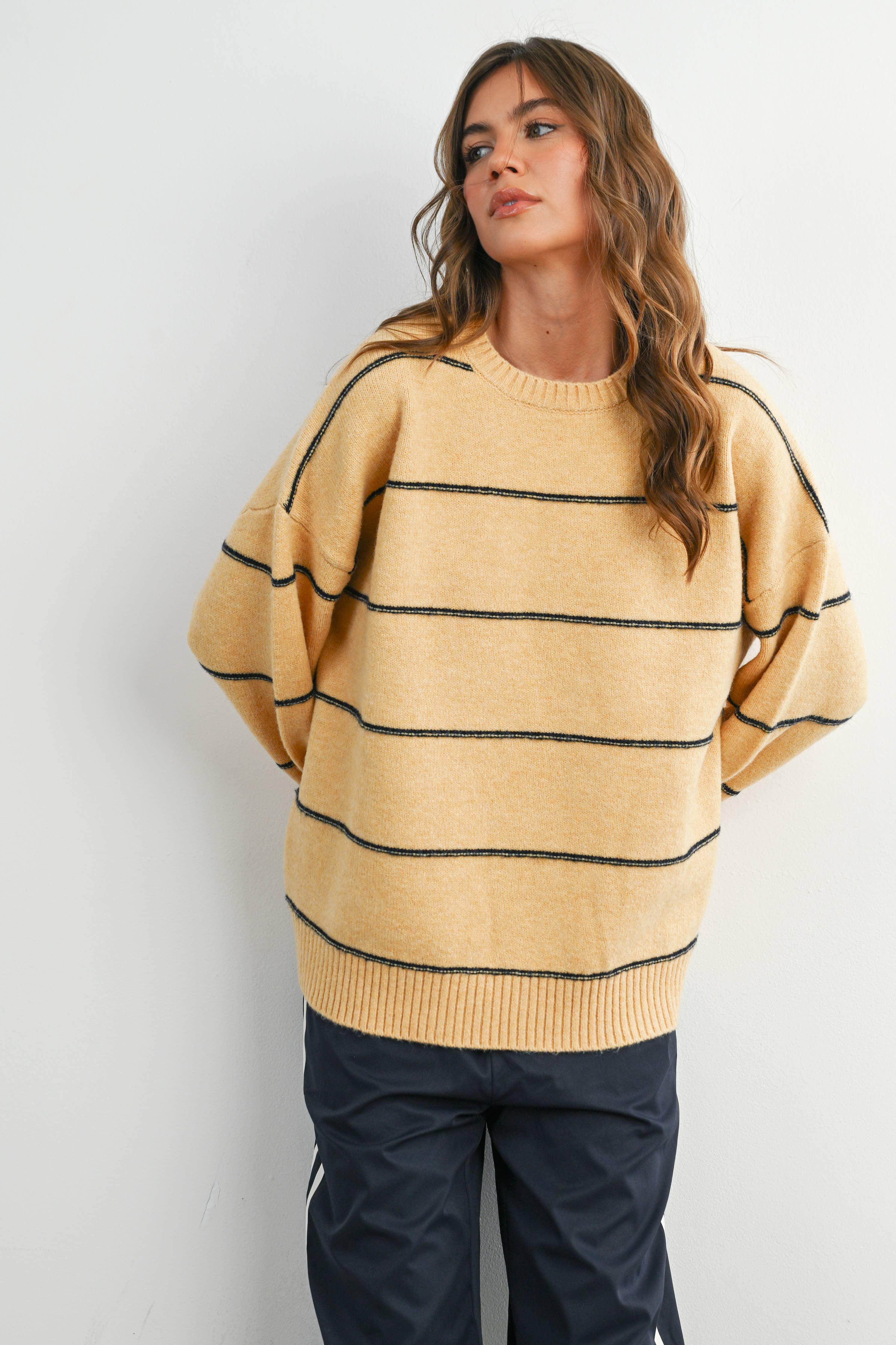 FALL STRIPED PATTERN DROP SHOULDER SWEATER - BMW7421