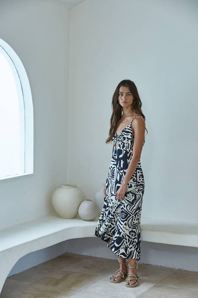 L9368 | Woven Rayon Nylon Tribal Print Sleeveless Dress