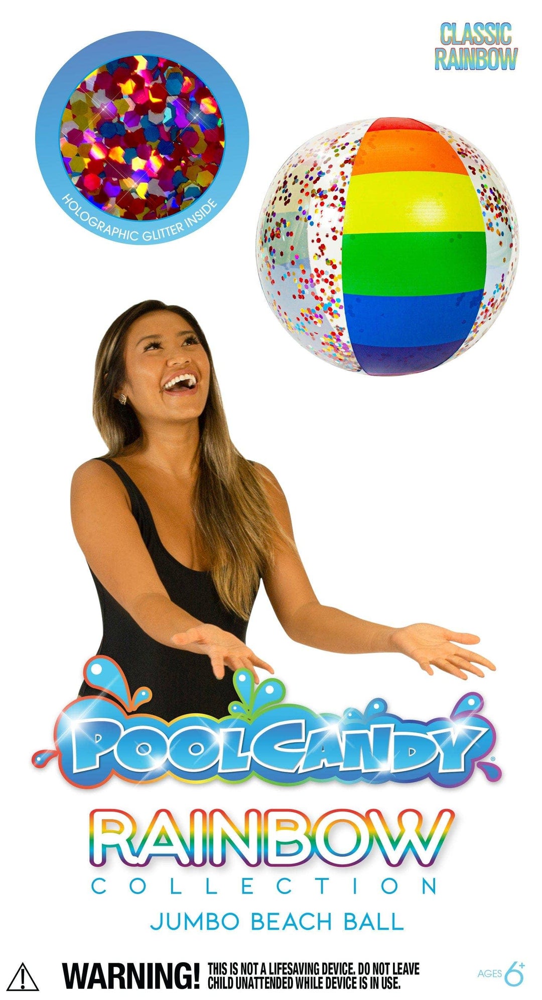 Rainbow jumbo beach ball with holographic glitter, perfect for pool or beach fun