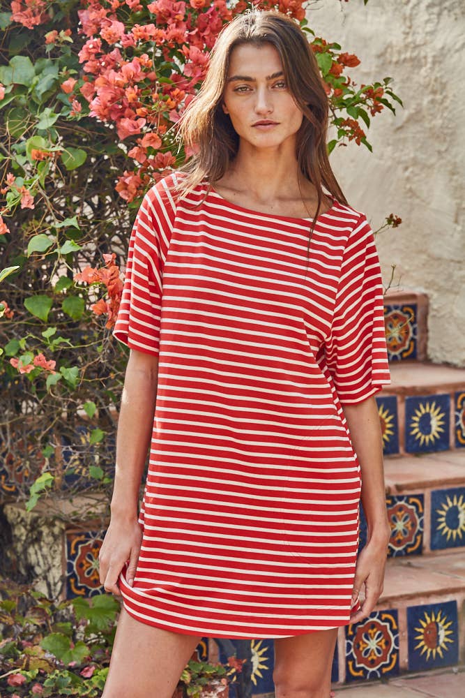 L9609 | Woven Cotton Striped Short Sleeve Round Neck Mini