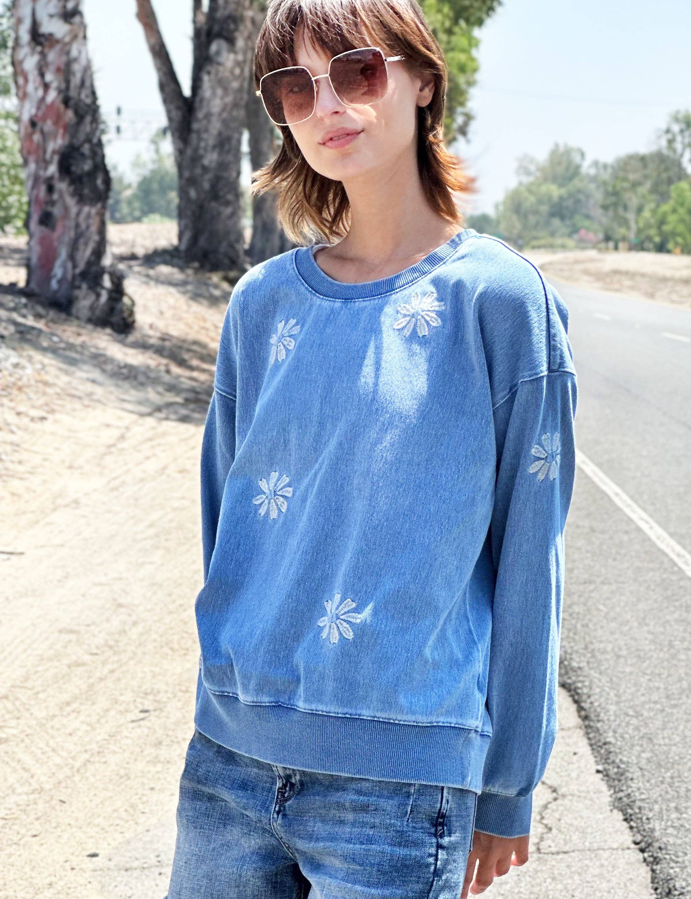 Denim Daisy Embroidered Sweatshirt