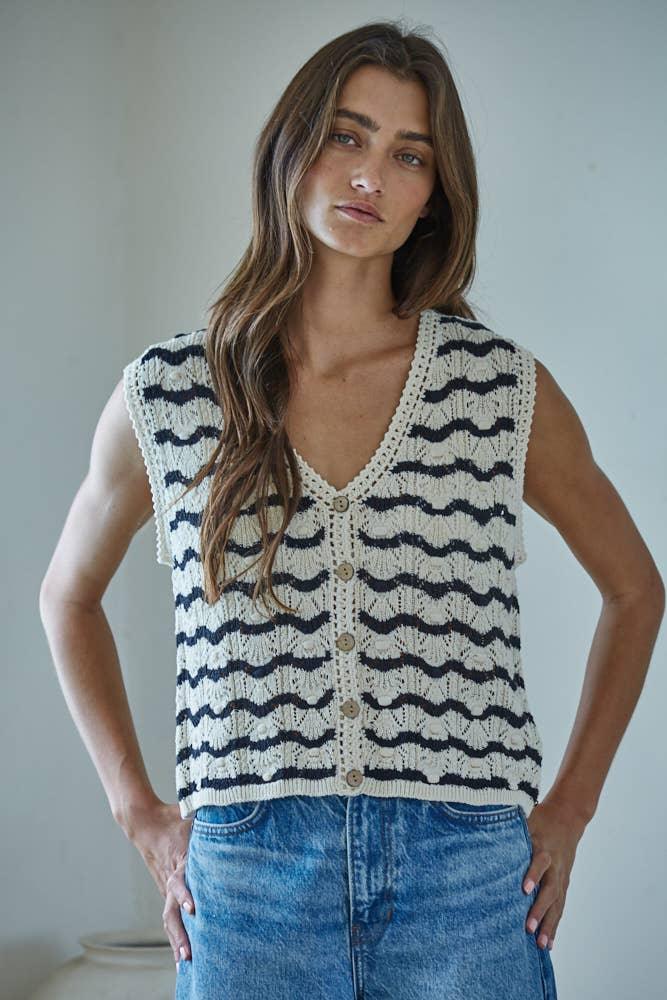 W2380 | Knit Sweater Cotton Nylon Striped Vest Top