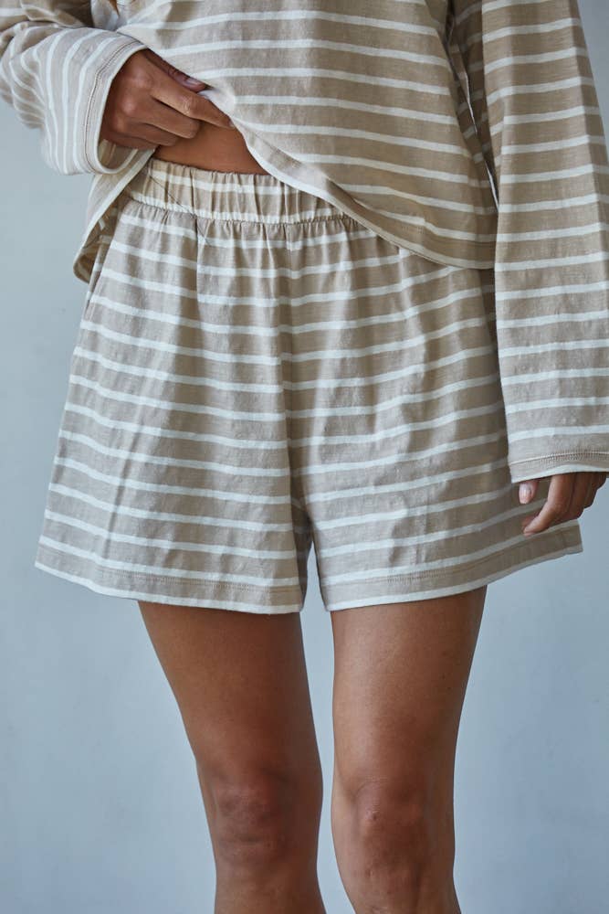 L8797B | Knit Cotton Striped Elastic Waist Shorts