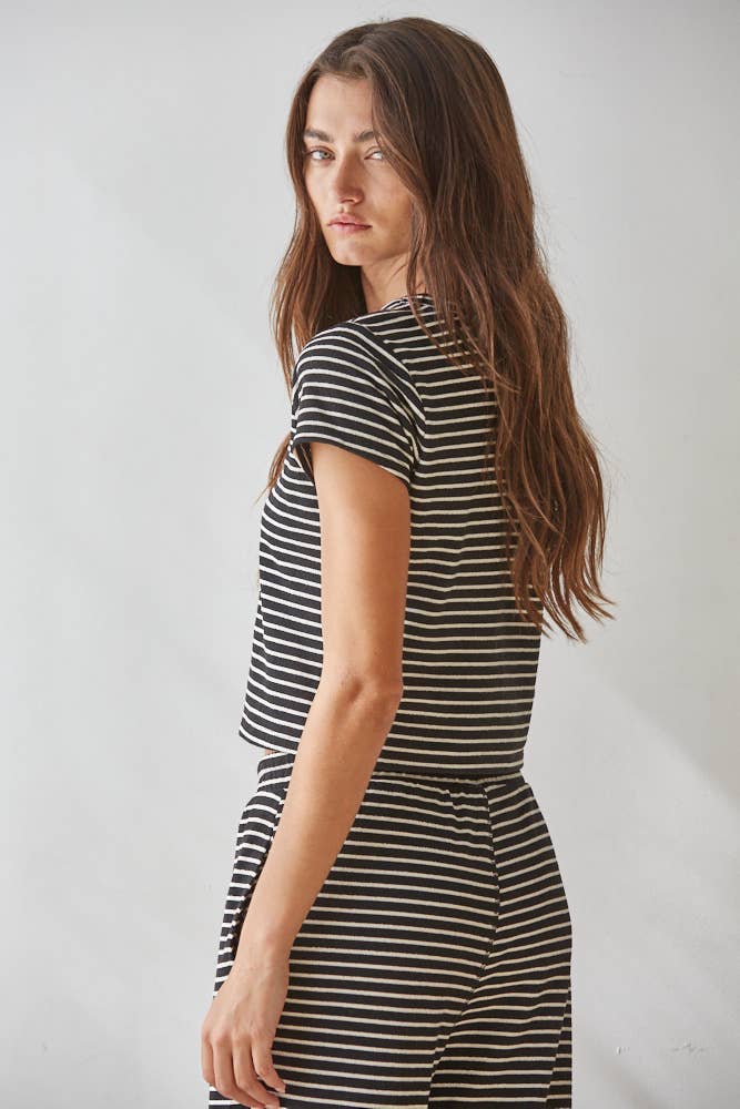 L8945T | Knit Polyester Cotton Striped Short Sleeve Top