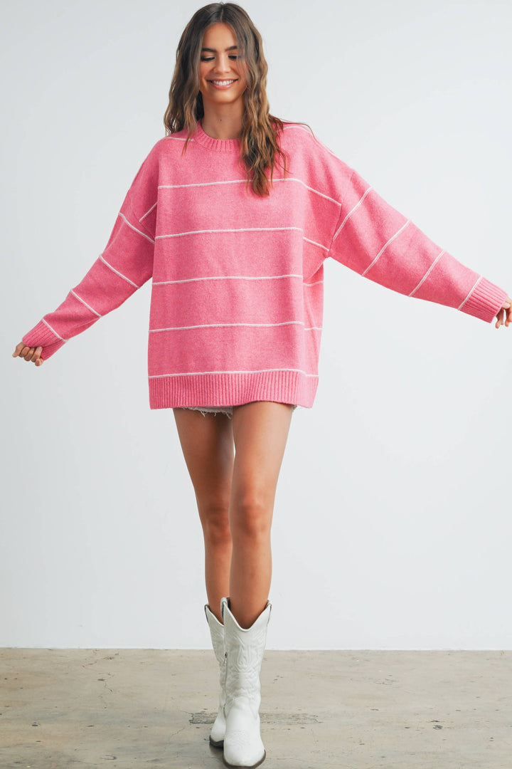 FALL STRIPED PATTERN DROP SHOULDER SWEATER - BMW7421