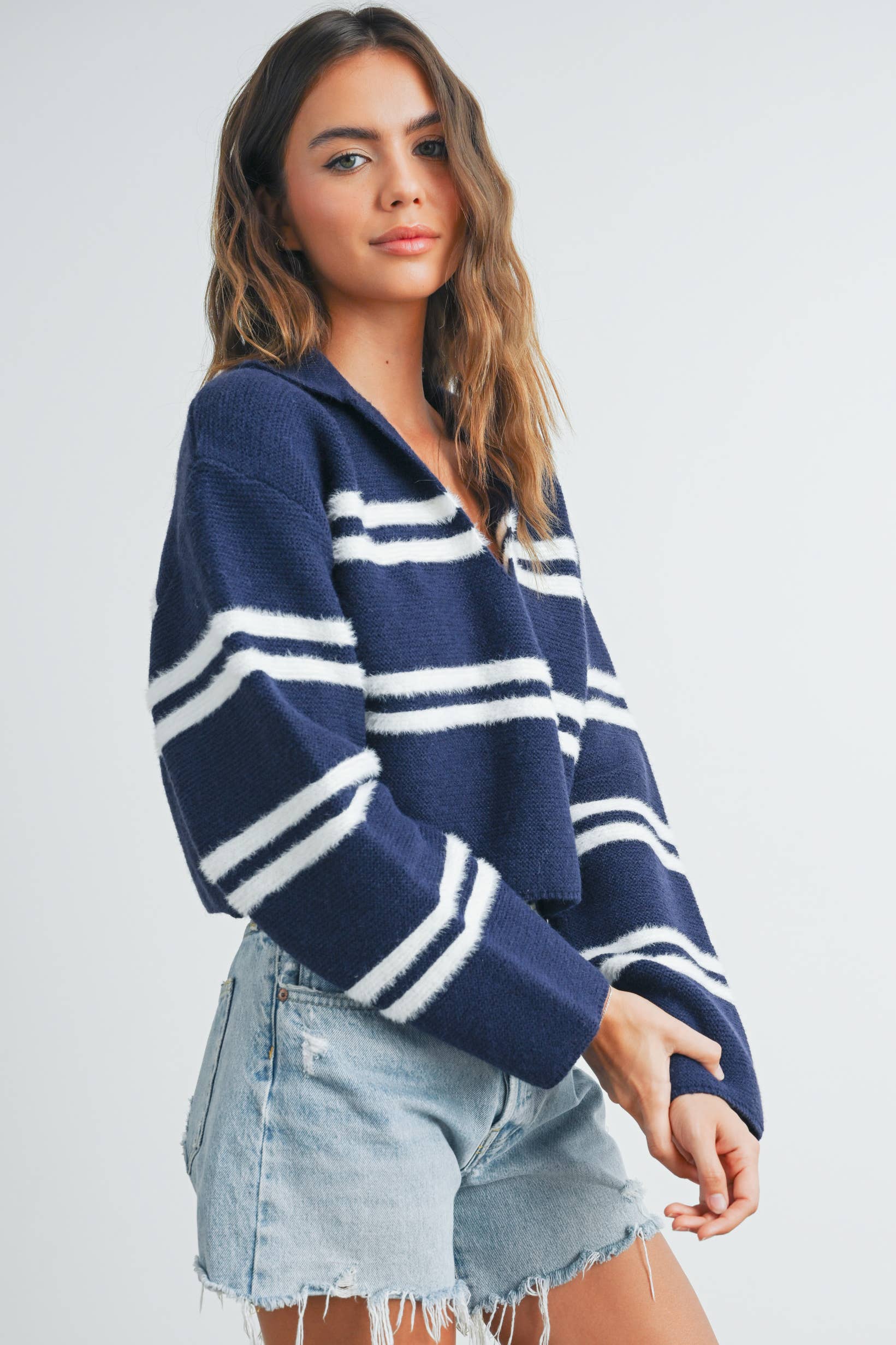 ButterMelonStripe Crop Collar Sweater Top - BMW7393