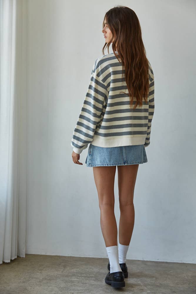 L8583 | Knit Cotton Striped Crew Neck Long Sleeve Sweatshirt