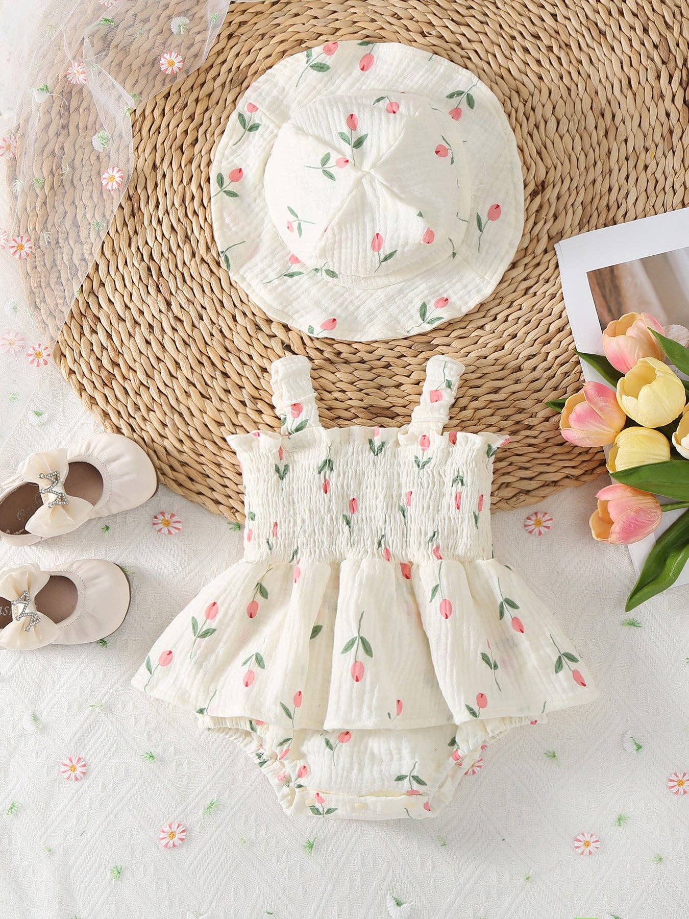 Summer Tulip Smocked Baby Girl Romper Set Hat