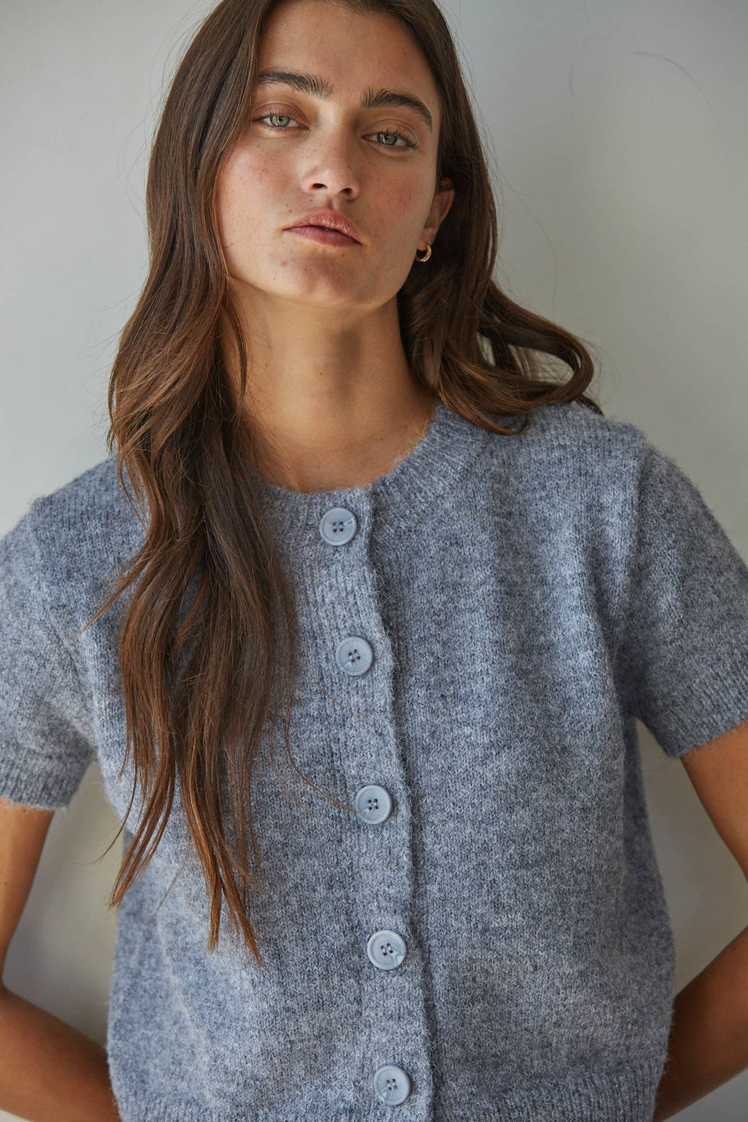 W2554 | Knit Sweater Button Down Short Sleeve Cardigan Top
