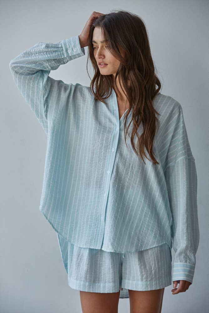 L9320T | Woven Poly Cotton Striped Collar Neck Shirt Top
