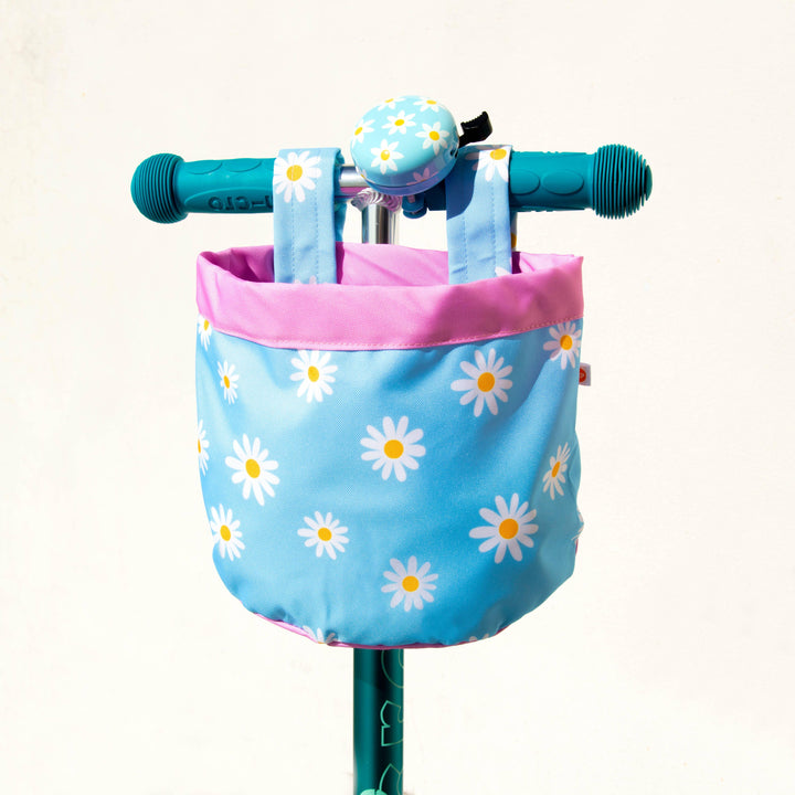Blue daisy print bike basket with pink trim, perfect for kids&
