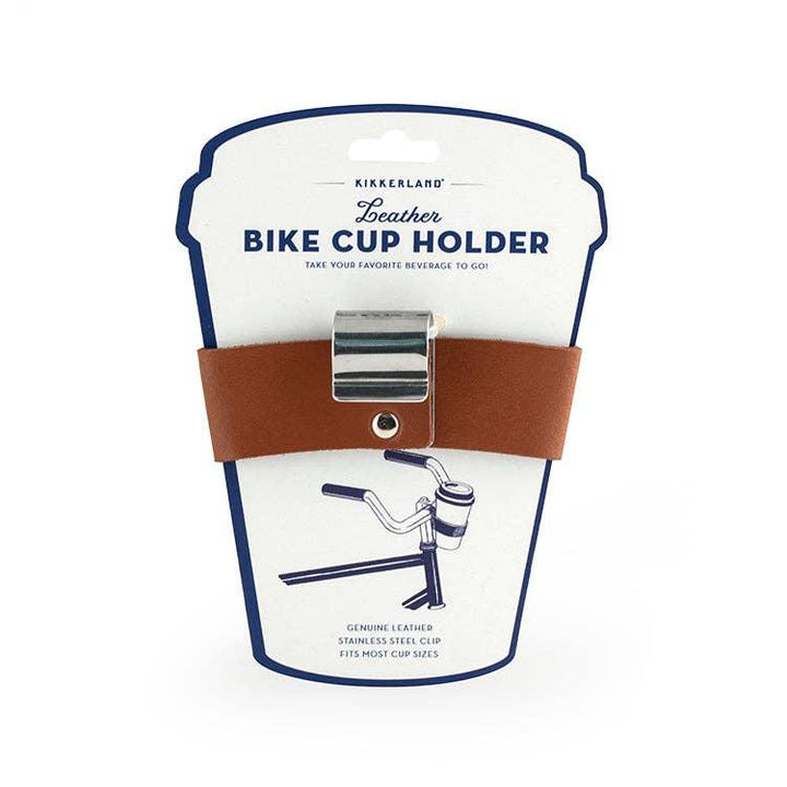 Leather bike cup holder with stainless steel clip, fits most cups for on-the-go beverages