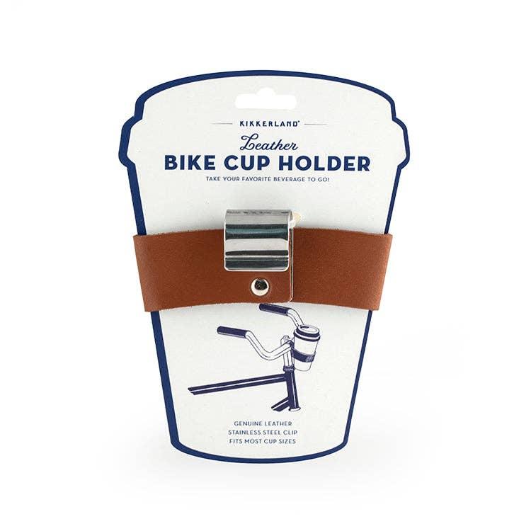Leather bike cup holder with stainless steel clip, fits most cups for on-the-go beverages
