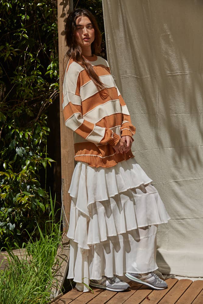 W2129 | Knit Sweater Striped Crew Neck Long Sleeve Pullover