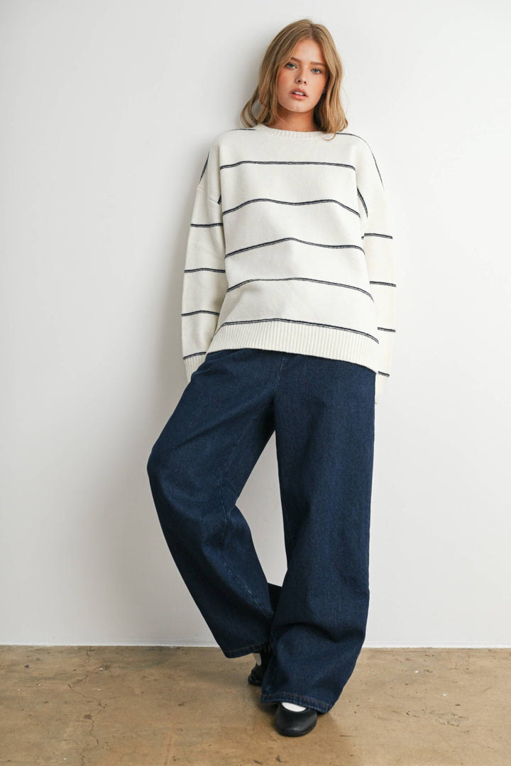FALL STRIPED PATTERN DROP SHOULDER SWEATER - BMW7421