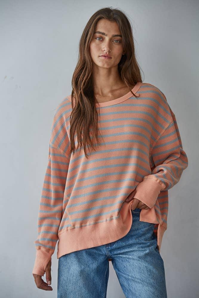 L9220 | Knit Cotton Spandex Striped Thermal Pullover