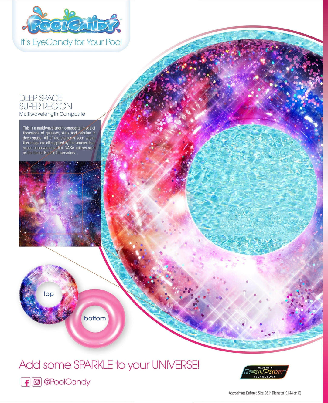 Galaxy print inflatable pool float with sparkle design, perfect for summer pool fun and beach days.