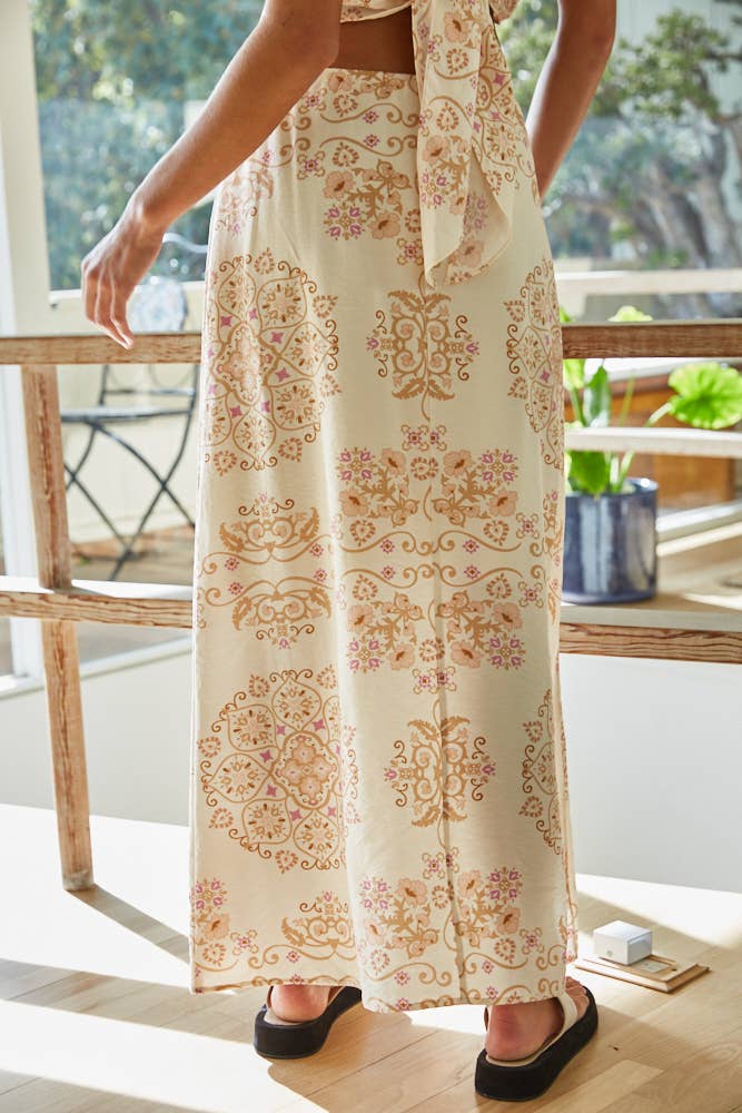 L9278B | Woven Rayon Nylon Mandala Floral Print Maxi Skirt
