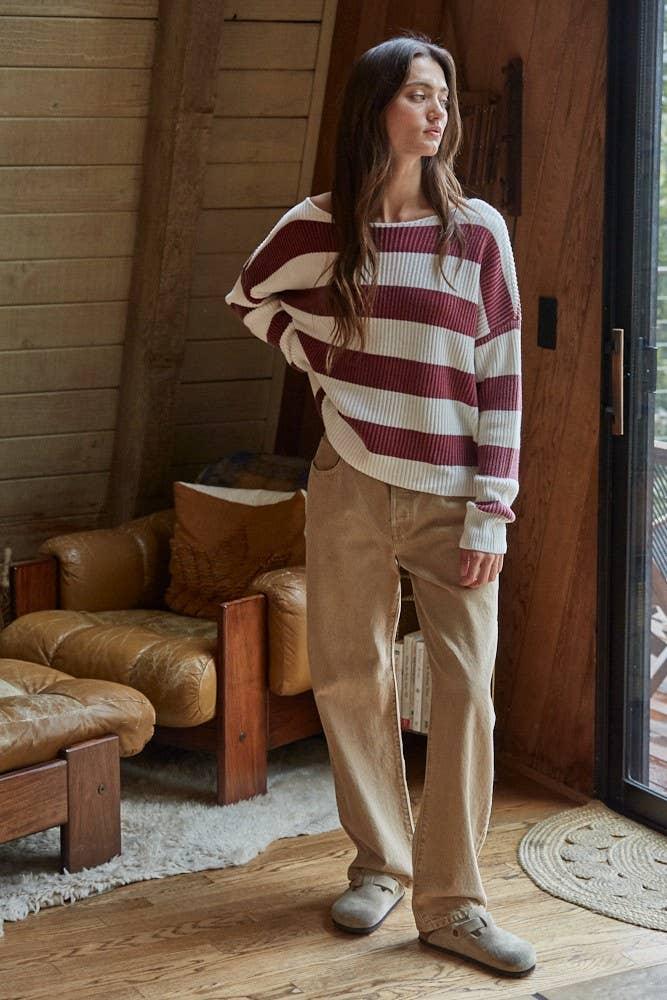 W2295 | Knit Sweater Striped Cotton Boat Neck Long Sleeve