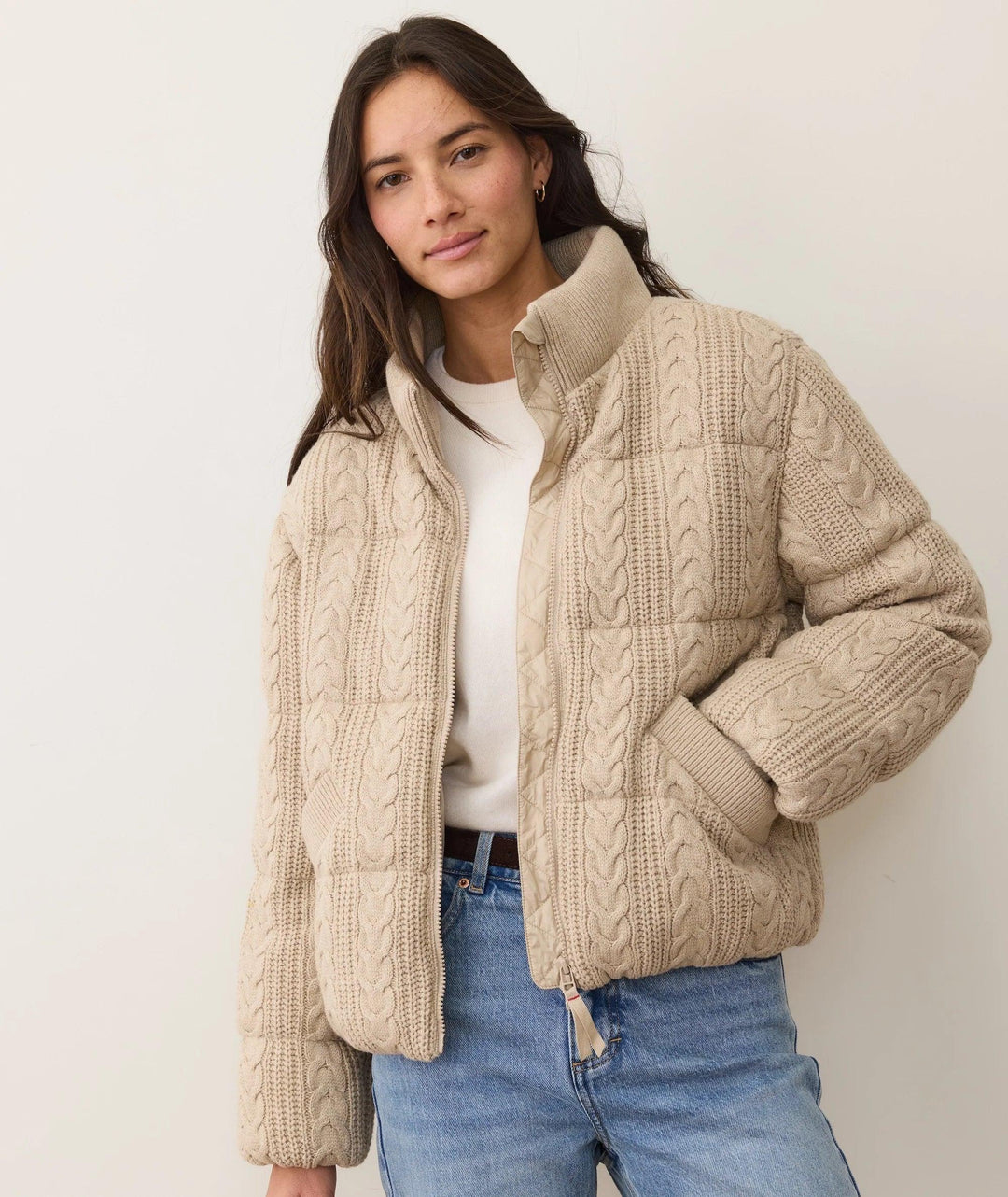 Cream cable knit puffer jacket with quilted lining, cozy outdoor style for PNW adventures